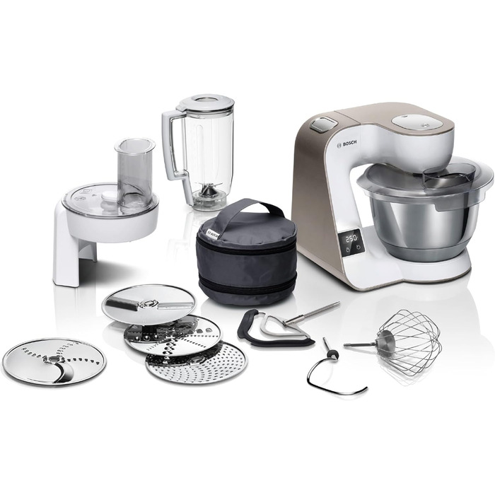 Bosch Kitchen Machine Series 4 MUM5XW20, 3.9 L Stainless Steel Bowl & MUZ5EB2, 550ml, Homemade Ice Cream, Sorbet, and Frozen Yogurt, White, Compatible with Kitchen Machine Series 4 White / Champagne 2-Piece Accessory Bundle with Ice Cream Maker