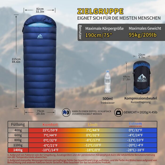 Спальний мішок зимовий Daunenschlafsack Winter: теплий та легкий для дорослих та дітей, 680FP, для кемпінгу, альпінізму, 0°C (Чорний), -10°C (Блакитний)