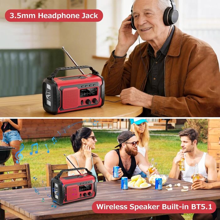 Радіо на сонячній батареї та ручному заводі Kurbelradio 27000mAh з SOS, Bluetooth, Powerbank та ліхтариком для кемпінгу та активного відпочинку (Червоний)