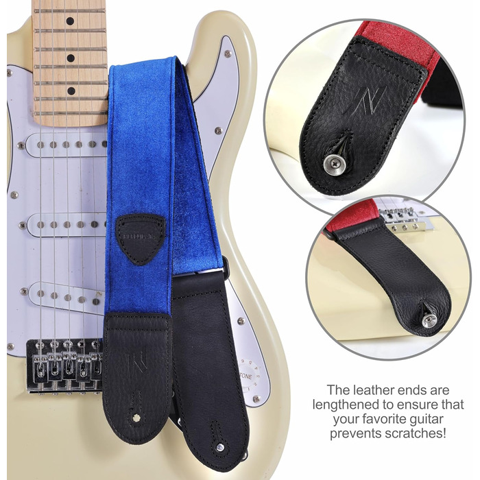 Гітарний ремінь Nefelibata з повного нубуку, вінтажний велюровий ремінь, безкоштовний бонус: 4 медіатори + фіксатори ременя + кнопка для ременя, подарунок для бас-гітари, електро- та акустичної гітари (вишуканий фіолетовий) (C#-небесно-блакитний)
