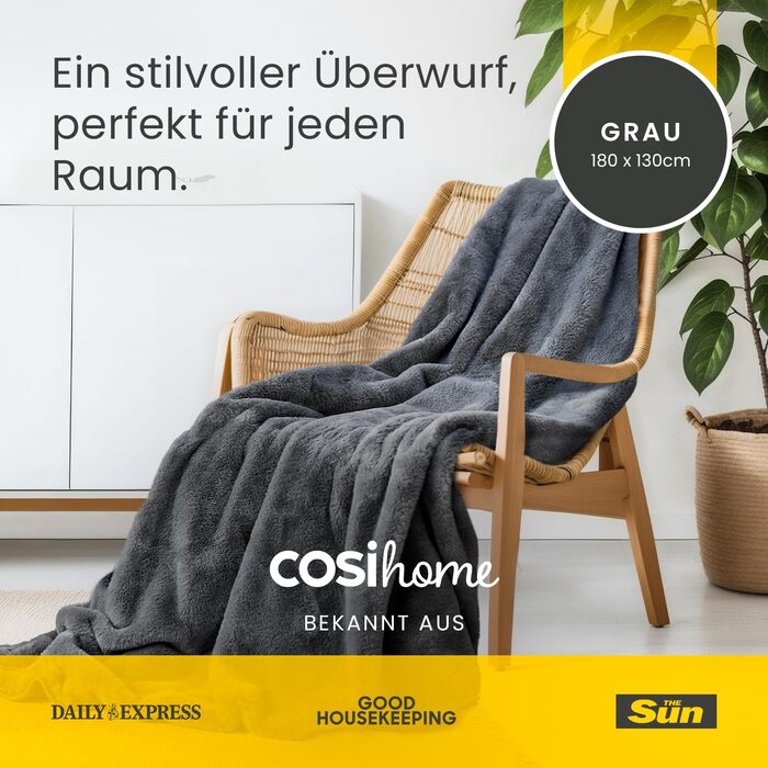 Електрична ковдра Cosi Home Luxus з автоматичним вимкненням - тепла та затишна ковдра з регулюванням температури, 9 режимів нагріву, захист від перегріву, з пульт керування, 180x130 см, сіра