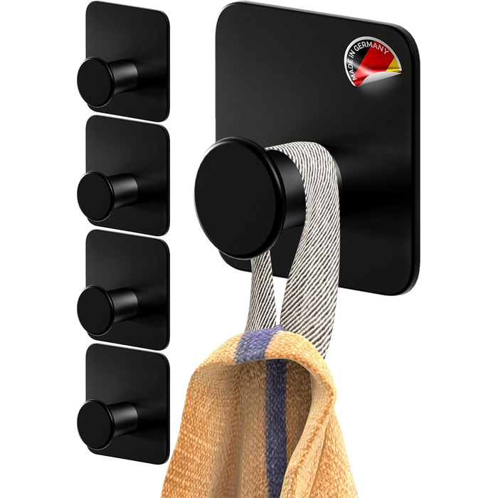 Набір гачків для рушників 4smile - 5 шт. без свердління, чорний колір, для ванної кімнати, самоклеючі, extra-strong, з 3M-клейкими панелями