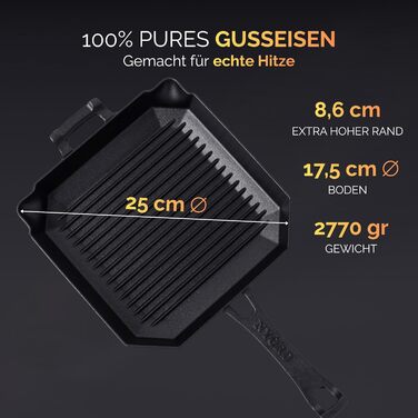 Чавунна сковорода-гриль NYORD з ребрами та виливом | Для індукції, газових плит, кераміки, грилю та духовки | Преміум якість