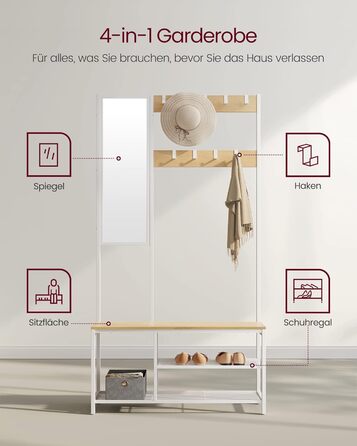 VASAGLE Coat Rack, Coat Stand with Hooks, Clothes Rack with Mirror, Shoe Bench and Shelves, 36 x 98 x 185 cm, for Entryway, Bedroom, Living Room, Vintage Brown-Black HSRAM050B01 (Oak Color + White)