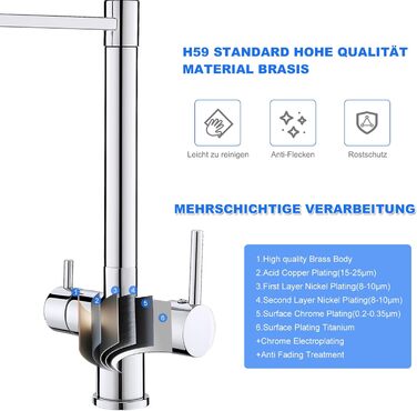 3-шляховий змішувач для кухні з поворотним гусаком 360°, 2 функції (злив/душ), 3-в-1, з двома ручками, для фільтрації води, з міді та нержавіючої сталі, хром, з магнітною насадкою для душу