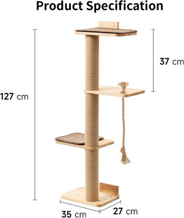 Котячий будиночок FUKUMARU: когтеточка, ліжко, когтешліф з джуту, 127,7 см, масивне дерево