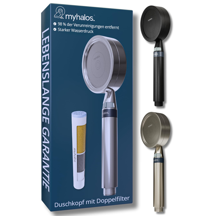 Лійка для душу MyHalos® з фільтром: високий тиск, 3-шарова фільтрація від хлору, бактерій та вапна, антивапняний, для жорсткої води, хромований