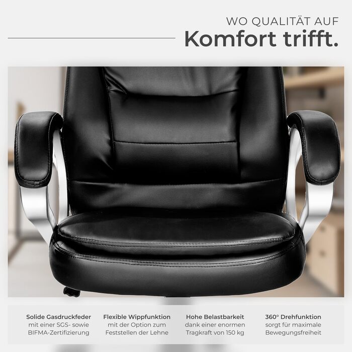 Офісне крісло tectake - ергономічний кухонний стілець з високою спинкою, регульована висота, поворотний, з механізмом гойдання, чорний (400578)