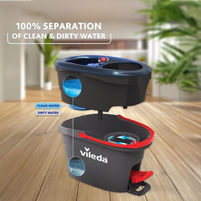 Vileda H2PrO Mop Set with Bucket | 100% separation of clean and dirty water | Innovative two-tank system with wringing function | Effortless wringing | Microfiber cleaning | Ergonomic design