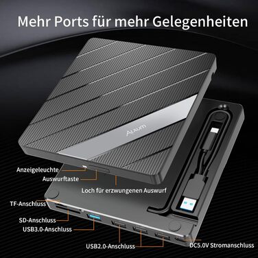 Зовнішній DVD-привід Alxum USB-C 3.0 та USB: CD/DVD плеєр і записувач для ноутбука з картридером SD/TF та додатковим USB-портом, Plug & Play, чорний