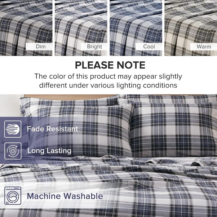 Comfort Spaces Cotton Flannel Sheet Set with Pillowcases, Breathable, Warm, Deep Pocket, for King Size Beds, Blue Tartan, Scottish Plaid Pattern, 4-Piece
