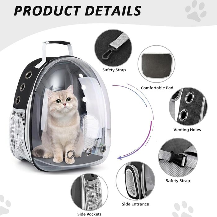 Розширюваний рюкзак для кота та маленької собаки, рюкзак-переноска з прозорим вікном та блискавкою, для подорожей та походів (розширюється ззаду), чорний колір