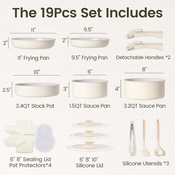 Набір посуду Chef Power Keramik 19-ти частинний, з антипригарним покриттям, знімний ручка, для індукційних плит, сумісний з посудомийною машиною, для духовки, набір для дому/кемпінгу, сірий та білий колір