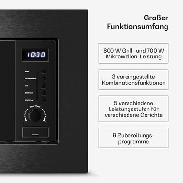 Мікрохвильова піч Klarstein Verosteel Einbaumikrowelle 60 см з грилем – 20L, 700W, 8 програм, сенсорне керування, нержавіюча сталь, функція розморожування, LED-підсвічування, чорна нержавіюча сталь