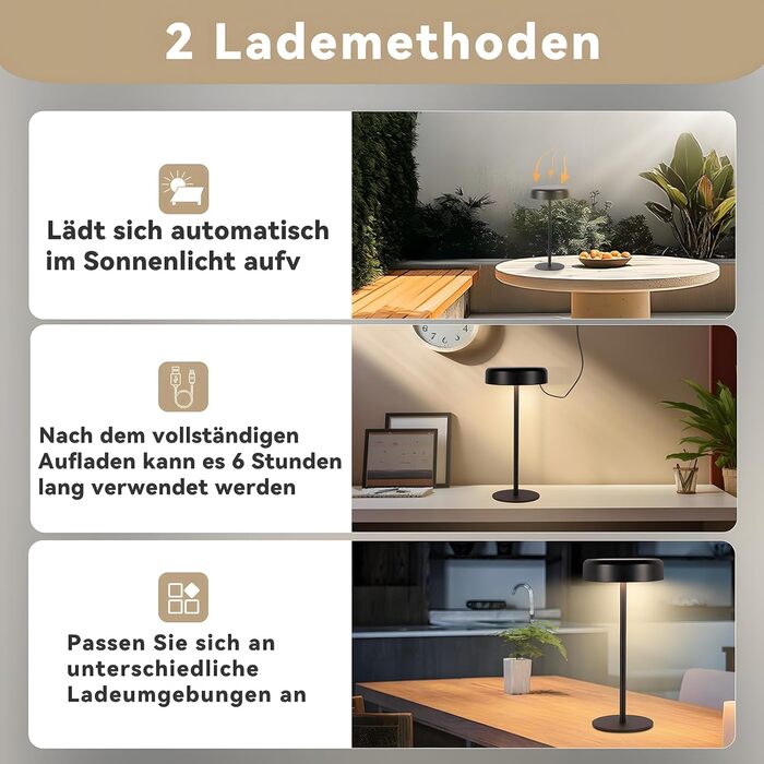 Настільна лампа на сонячній батареї з акумулятором LED, 2 шт. Чорна - Бездротова, сенсорна, димована, USB зарядка, IP44 для дому та вулиці
