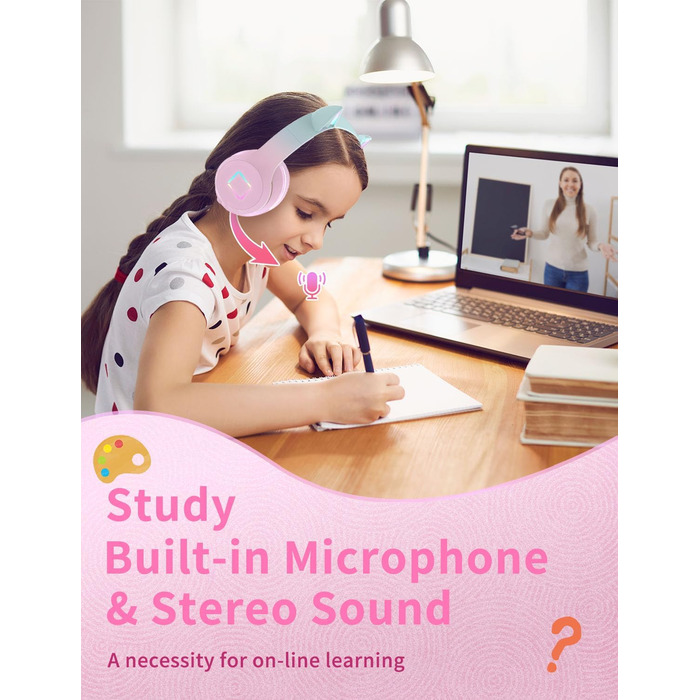 Бездротові навушники Bluetooth для дітей з LED-підсвіткою, котячими вушками та мікрофоном, HD стерео звук, складні, регульоване наголов'я, для дівчаток, PC/Tablet/Навчання/Школа (рожеві)