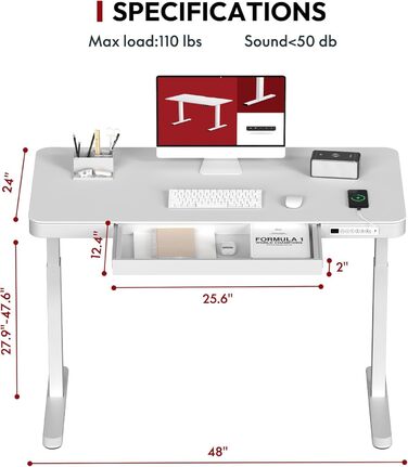 Електричний регульований стіл Sanodesk з ящиком, сенсорним керуванням та USB-портами, 120 x 60 см, білий + білий, висота 73.5-118 см
