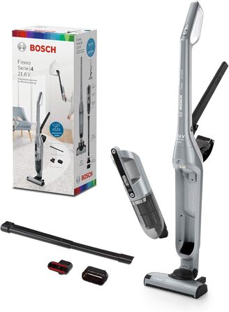 Акумуляторний пилосос Bosch Flexxo 2в1 Serie 4 BCH3P210, безмішковий, потужний, для всіх типів підлог, довга автономність, швидка зарядка, насадка для щілин, сріблястий, 21,6 В