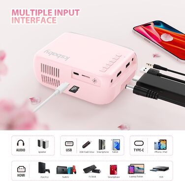 Портативний проєктор KSBABY Outdoor LED, міні проєктор для перегляду фільмів на вулиці, сумісний з HDMI, USB, ноутбуком, TV Stick, iOS та Android. Рожевий.