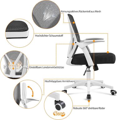 Офісне крісло Yaheetech з підйомними підлокітниками, сітчасте, ергономічне, з підтримкою попереку, функцією гойдання та регулюванням висоти (біле)