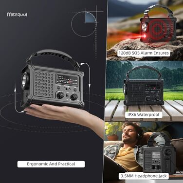 Сонячне радіо з ручним генератором 12000mAh, портативний приймач світу, радіо для надзвичайних ситуацій з AM/FM, сонячна панель 8500мм², Powerbank, ліхтарик та світло для читання, чорний