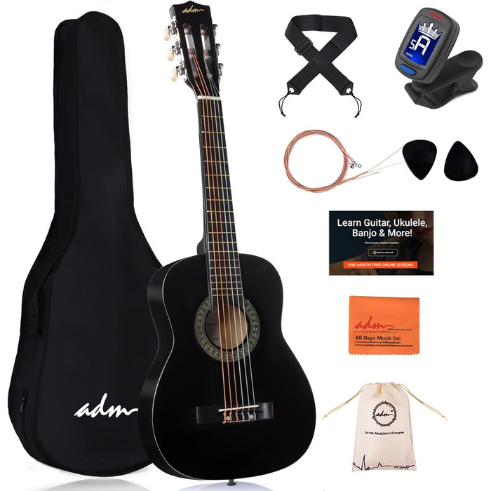 Дитяча гітара ADM 1/4 Junior-Konzertgitarre для початківців: з тюнером, чохлом, ремінком, запасними струнами та медіатором, чорна