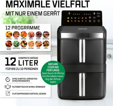 Фритюрниця повітряна GOURMETmaxx 4.5L з цифровим дисплеєм, 1400W, автоматичне вимкнення, захист від перегріву, миється у посудомийній машині, чорний (2x6L)