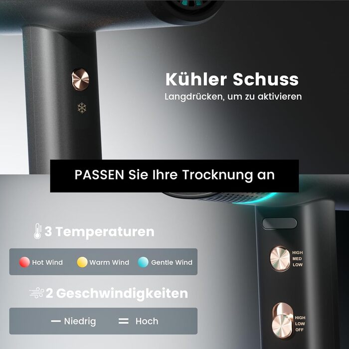 Іонізатор для волосся Föhn: Швидкий фен з дифузором для жінок та чоловіків, 3 режими, 2 швидкості, чорний