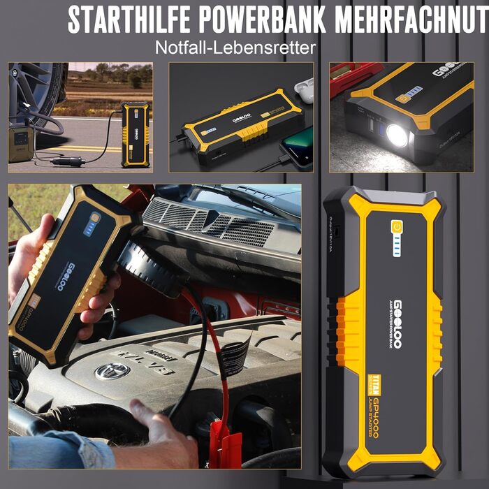 Powerbank Starthilfe GOOLOO GP2000 для автомобіля: 4000A, USB-швидка зарядка, LED, для бензину та дизеля (12V)