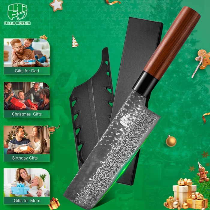 Японський ніж Gyutou з дамаської сталі Fullhi (17,5 см) з піхвою, для кухні, приготування їжі, кемпінгу, BBQ