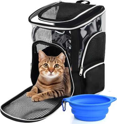 Рюкзак для кота та собаки: зручний та легкий для подорожей та прогулянок (до 9 кг), з сіткою та мискою, чорний