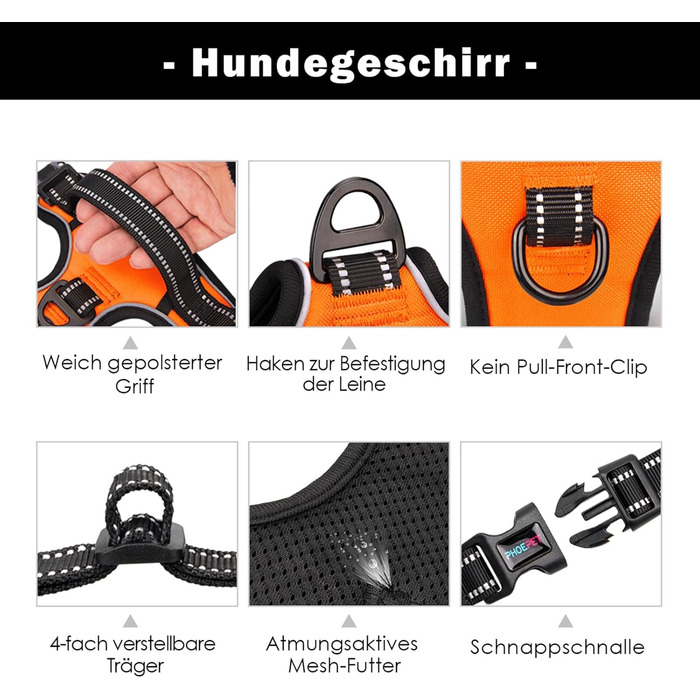 Шлейка для собак PHOEPET з регулюванням, для прогулянок, з карабіном, світловідбиваючими смугами, ручкою для контролю, великі та середні породи собак (L, помаранчевий)