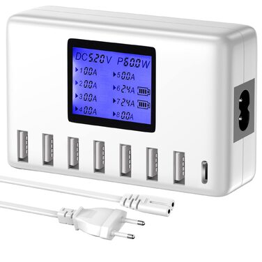 Зарядний пристрій USB 60W, 8 портів, USB-C з LCD дисплеєм для iPhone, iPad, Android, Samsung, Huawei, планшетів, Kindle (білий)