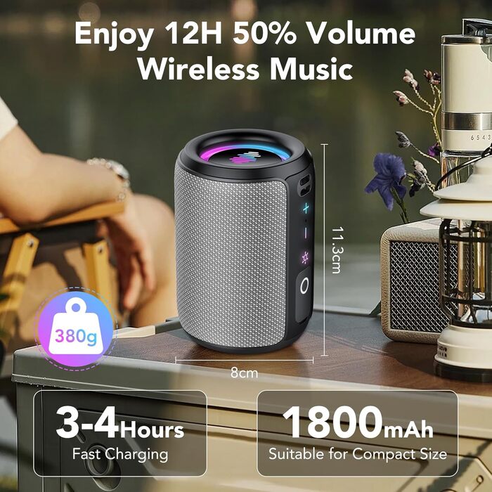 Bluetooth колонка 15W, портативна, 12 год автономії, IPX7 водонепроникна, сіра - для спорту, вечірок, подорожей