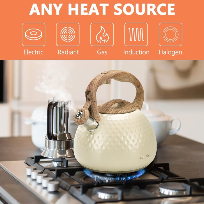 Чайник для плити Harriet Teekessel, 2.5 QT з флейтою, з 5-шаровим дном, з нержавіючої сталі, з термостійкою ручкою, підходить для газових та електричних плит, червоний глянцевий (бежево-білий глянцевий)