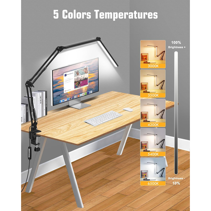 LED настільна лампа NOEVSBIG 24W з регулюванням яскравості, 5 режимів, таймер, сенсорне керування, кріплення, денне світло, сучасний дизайн