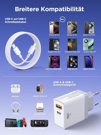 Мережевий адаптер USB C з двома портами, 20W, PD 3.0, з кабелем USB C - USB C 2м, білий