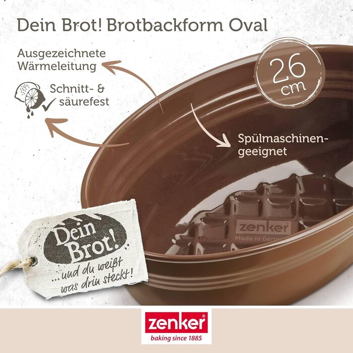 Форма для випікання хліба Zenker Dein Brot! емальована, 2 л, коричнева, термостійка до 400°C, 265x165x92 мм, підходить для посудомийної машини