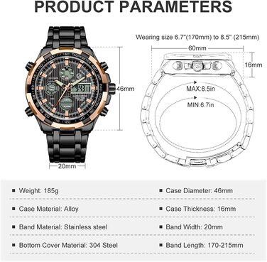 Чоловічий годинник з хронографом: сталевий, водонепроникний, з датою та будильником, аналогово-цифровий дисплей (рожеве золото, чорний)