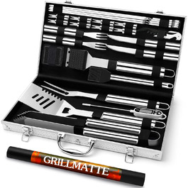 Grilliance 26-Piece Stainless Steel Grill Accessory Set - High-Quality BBQ Grill Utensil Case. Perfect Grill Tool Set for Men - Gift with Portable Storage Case and Meat Thermometer (Silver)