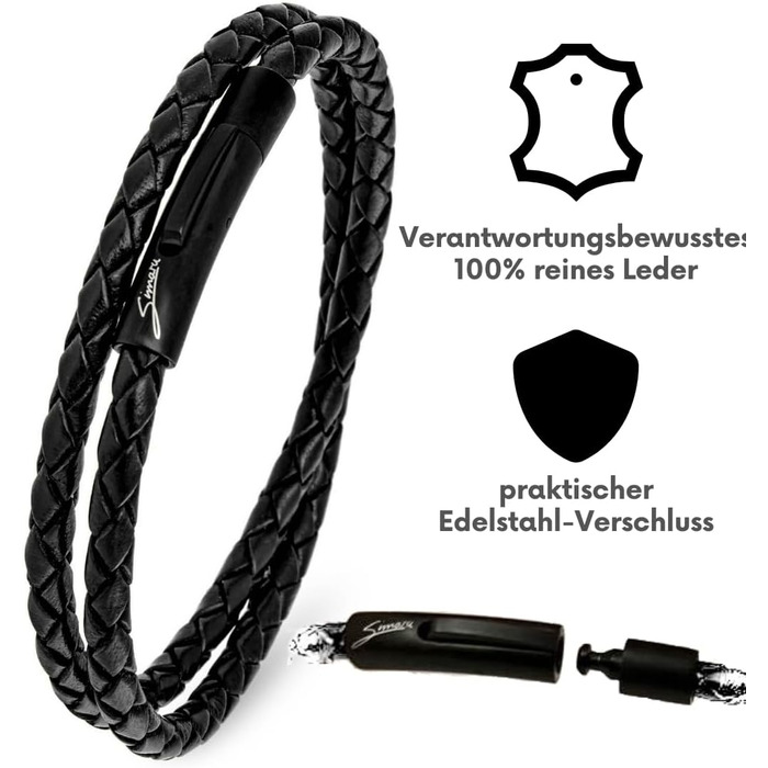 Преміум шкіряний браслет ручної роботи з Німеччини: унісекс, обплетений, з застібкою з нержавіючої сталі (S - до 16 см, чорний)