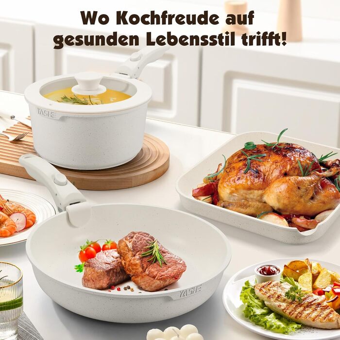 Набір посуду YASHE 21 предмет: каструлі та сковорідки з антипригарним покриттям, знімні ручки, скляні кришки, індукційне дно, термостійкий, білий