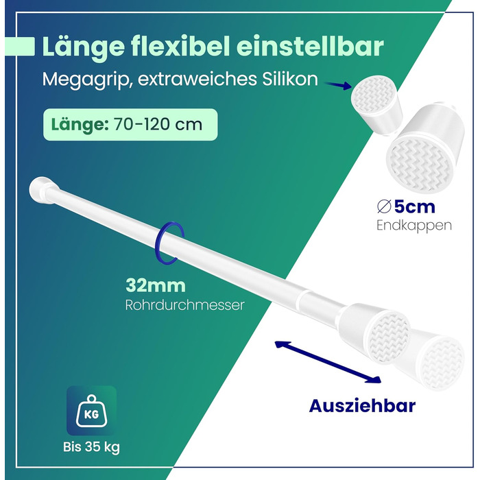 Штанга для карниза без свердління – телескопічна штанга для штори – душова штанга без свердління – карниз для штори, штанга для душової завіси, вішалка для одягу, штанга для сітки від котів (70-120 см, Білий)