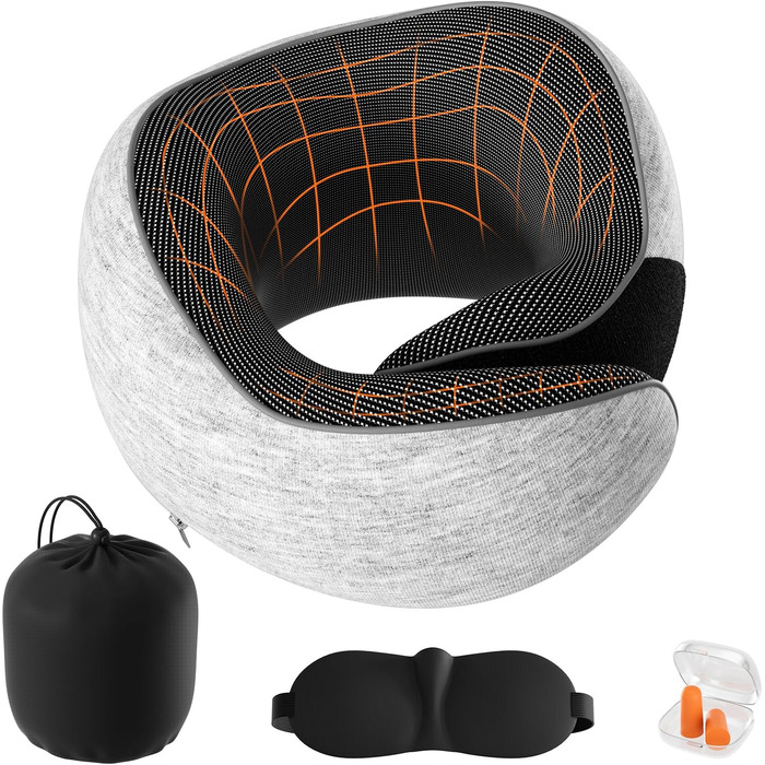 Подушка для шиї у подорожах: м'яка, з memory foam, для автомобіля та літака, з навушниками та маскою для сну (світло-сіра)