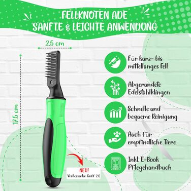 Інструмент для розплутування шерсті Profi Entfilzungsmesser 2.0 для собак та котів - видаляє ковтуни та вузли, підходить для короткої та довгої шерсті, для тварин будь-якого розміру. Округлена клинка + Е-book по догляду за шерстю, 10 клинків