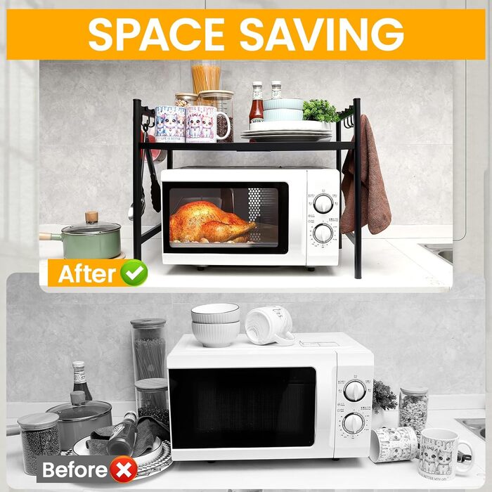 Регульована підставка для мікрохвильовки 2-ярусна, розширювана полиця для кухні з вуглецевої сталі з 8 гачками, органайзер для кухонних аксесуарів, стійка для мікрохвильовки та полиця для зберігання, кухонна полиця для випічки