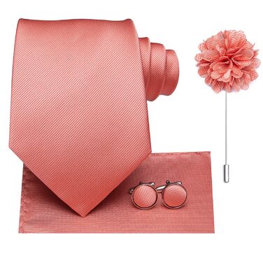 Комплект краваток для чоловіків Hi-Tie: краватка, нагрудна хустинка, кравецькі шпильки, запонки, формальний шовк, для весілля та свят (кораловий)