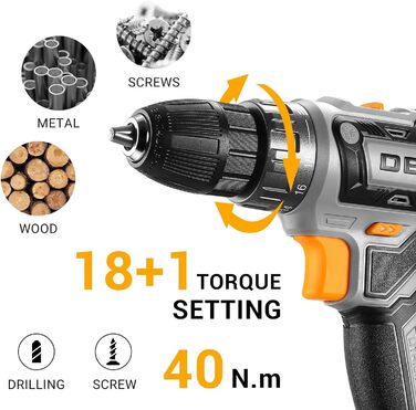Акумуляторний шуруповерт-дрель DEKOPRO 20V 30 предметів: комплект з аксесуарами, 18+1 ступенів крутного моменту, ударний режим, 40Nm, з акумулятором та зарядним пристроєм