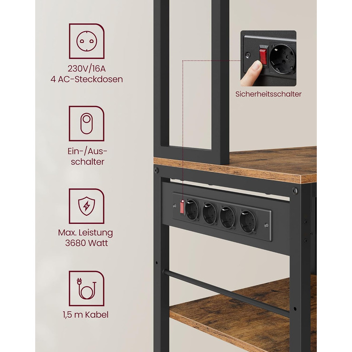 Стелаж кухонний VASAGLE з розетками, 40 x 100 x 180,4 см, з полицями, ящиком з тканини, 12 гачками, антрацитовий + чорний, KKS027B02