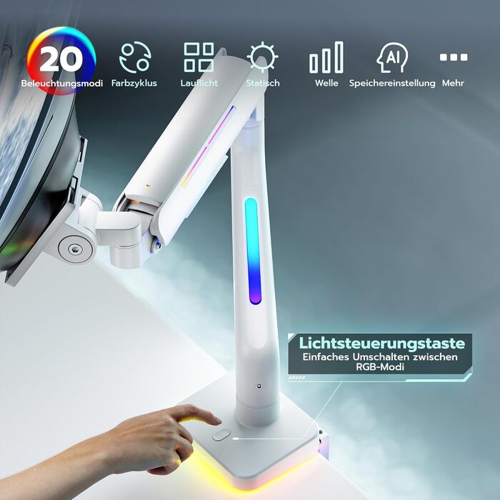 Кріплення для монітора ARES WING RGB - тримач для ігрового монітора, 17-49 дюймів, підходить для важких (20 кг) та вигнутих моніторів, регульована висота, для геймерів (білий)